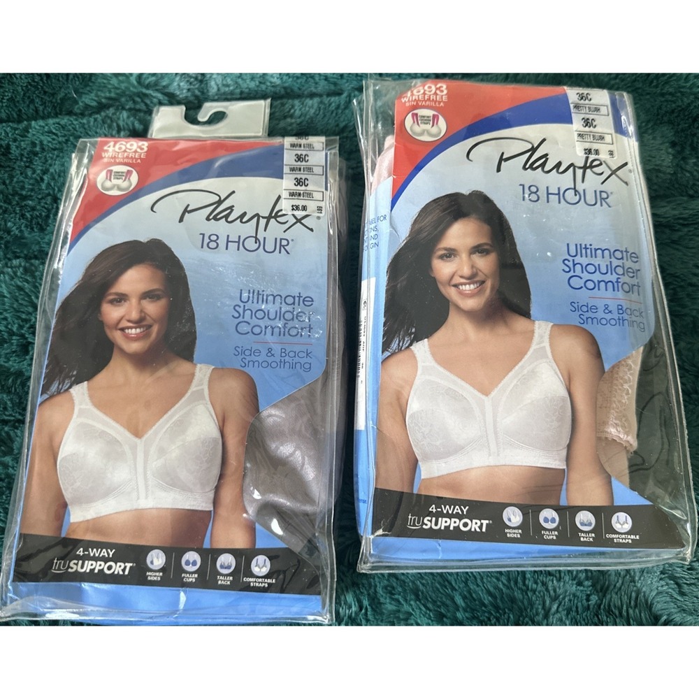 Playtex Sze 36C 18 Hour Bra Lot Of 2 #4693 Ultimate Shoulder Comfort Blush Steel